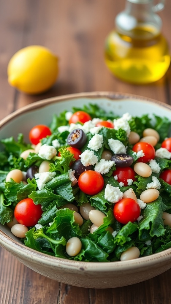 A colorful kale and white bean salad with cherry tomatoes and feta cheese in a rustic bowl.